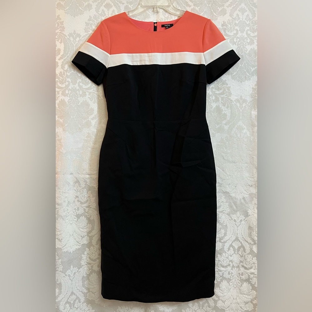 Raoul Coral Black White Colorblock Midi Shift Dress Size 6 GUC Rear Zip Lined